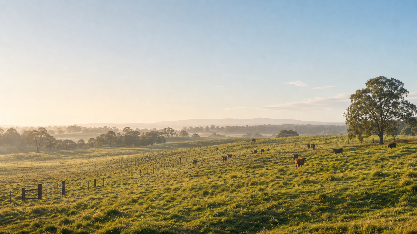 Cattle grazing across open paddocks at sunrise