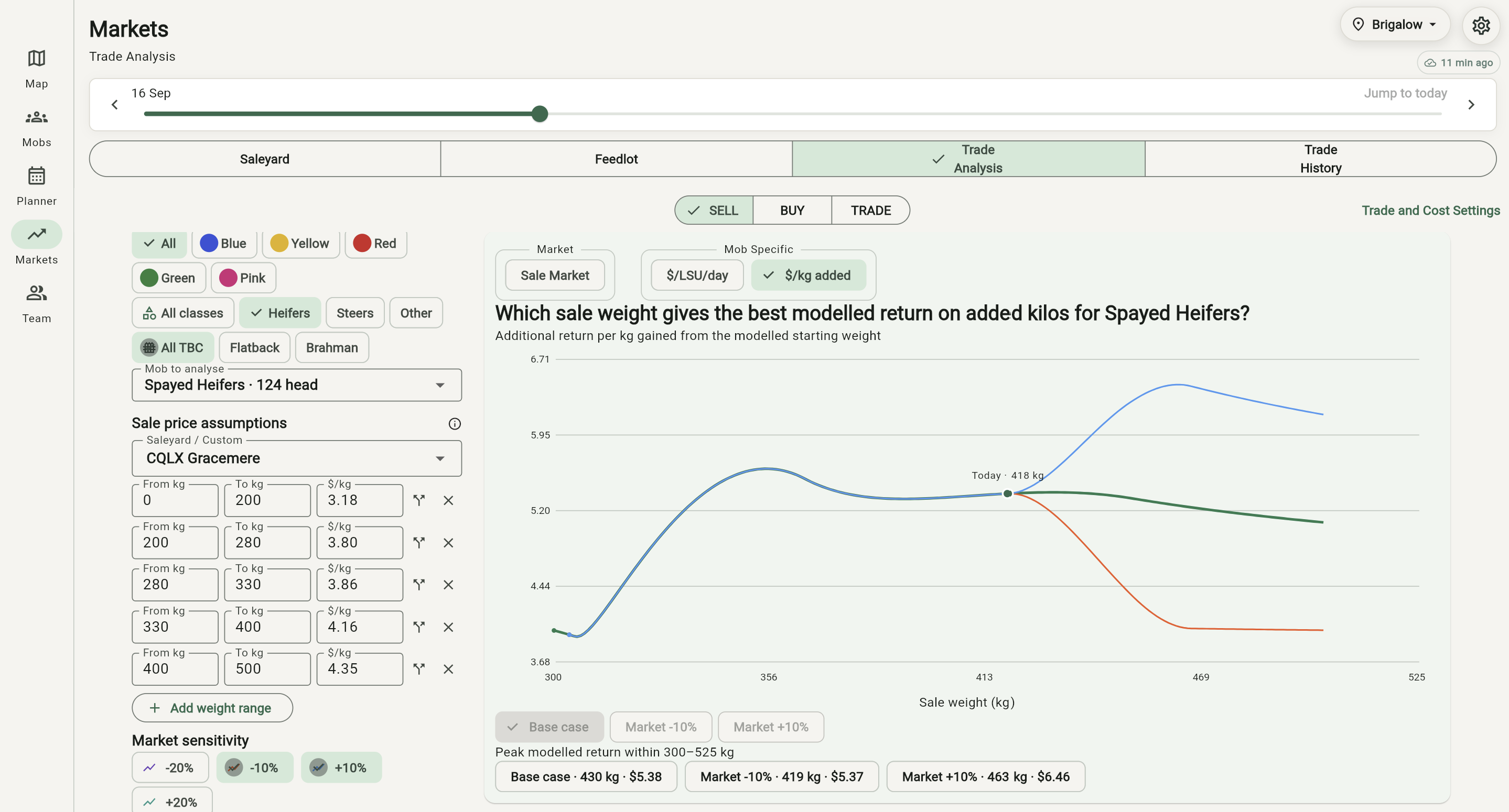 Grazer sell by weight analysis showing cattle sale value by target weight