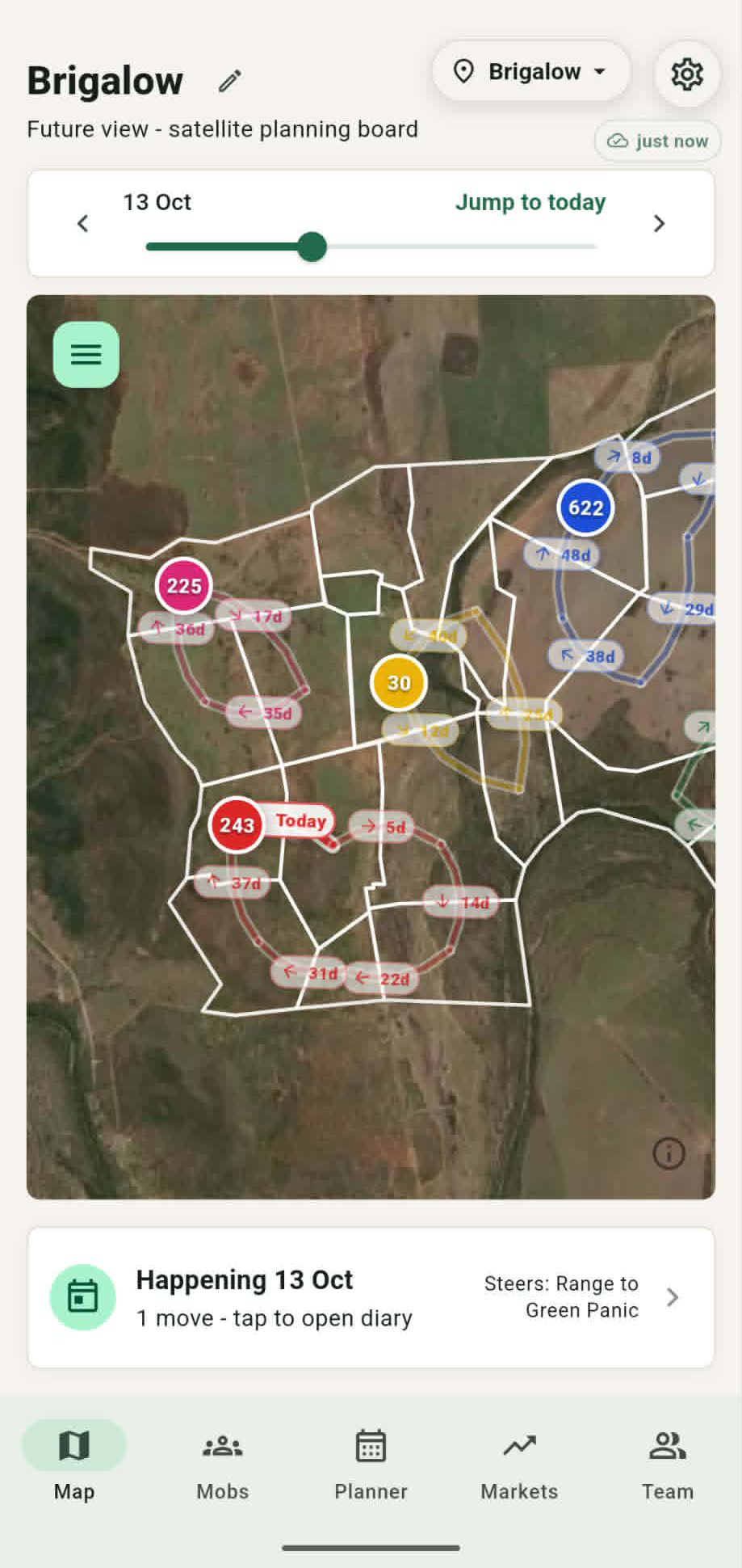 Grazer mobile app showing planned cattle moves on a farm map
