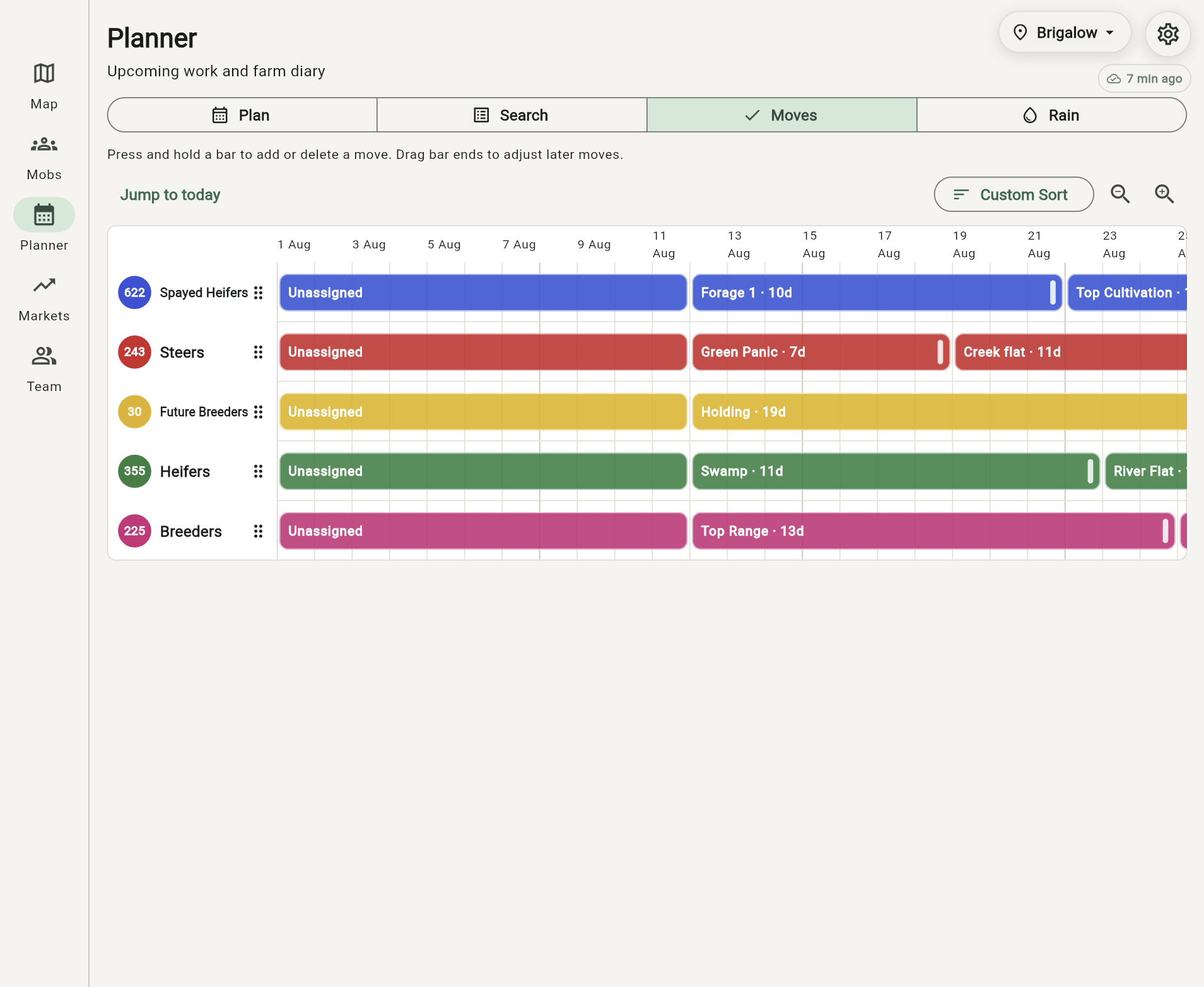 Grazer move planner showing scheduled cattle movements by date