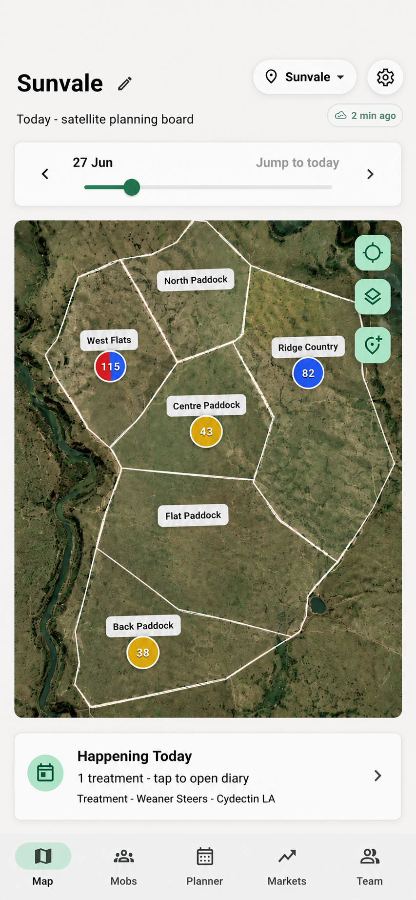 Grazer map showing mobs across labelled paddocks