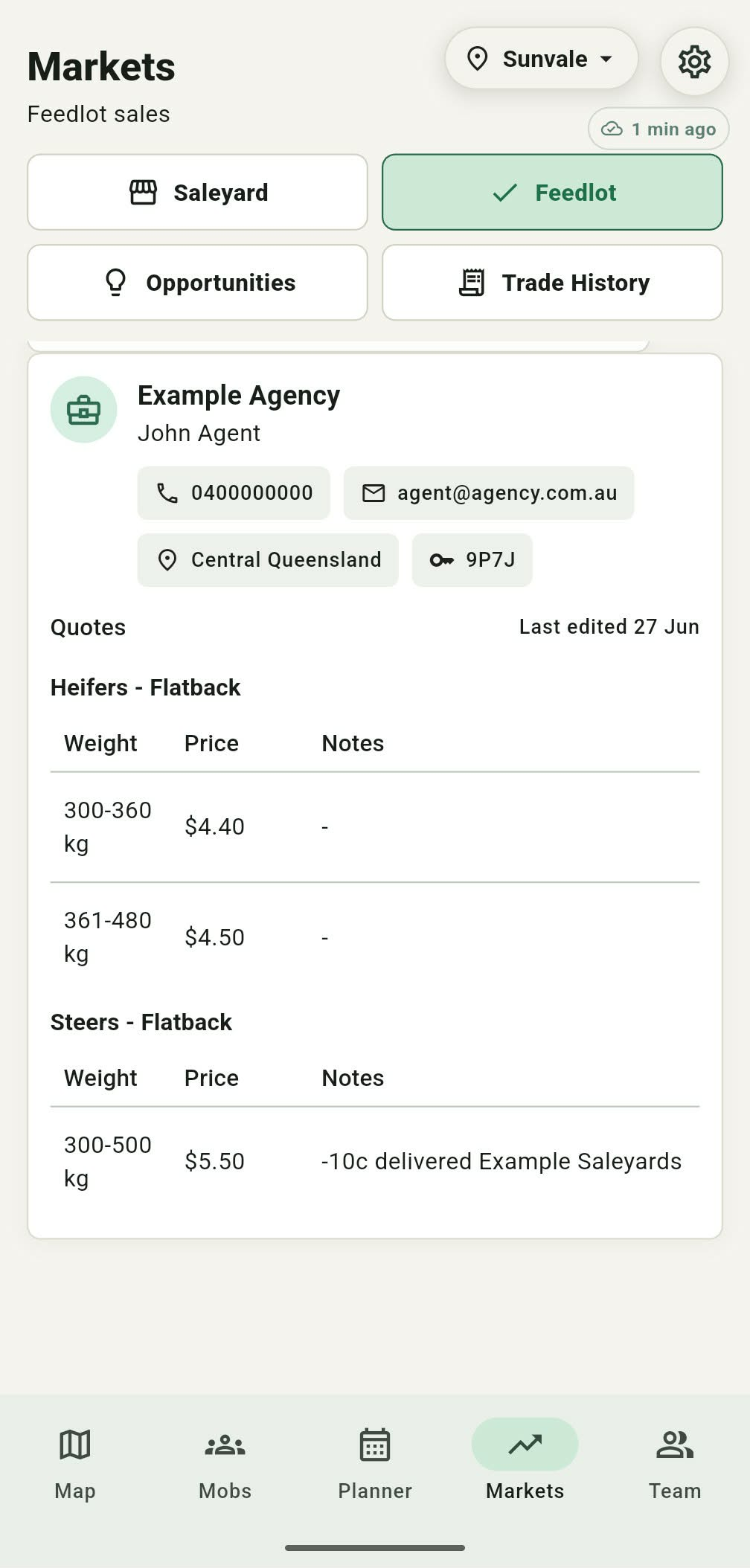 Grazer markets screen showing feedlot quotes