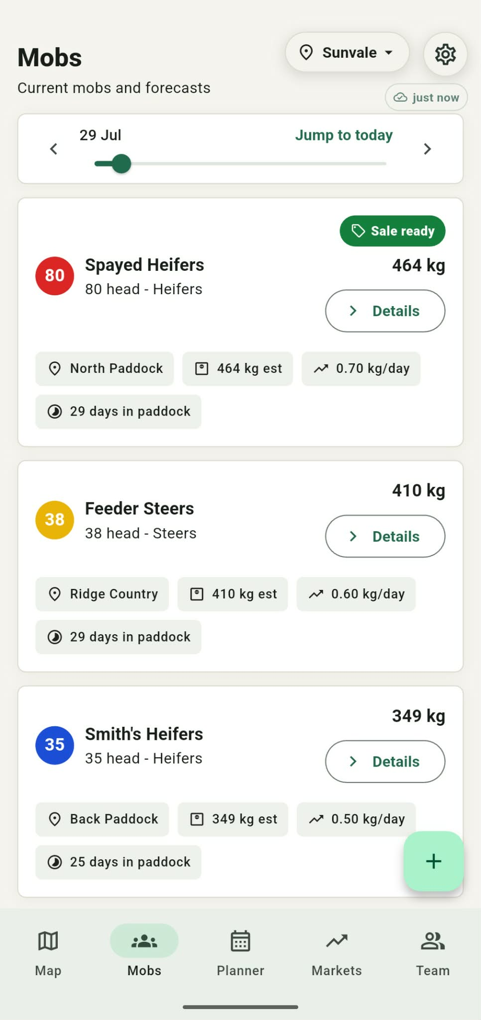 Grazer mobs screen showing forecast weights and a sale-ready mob