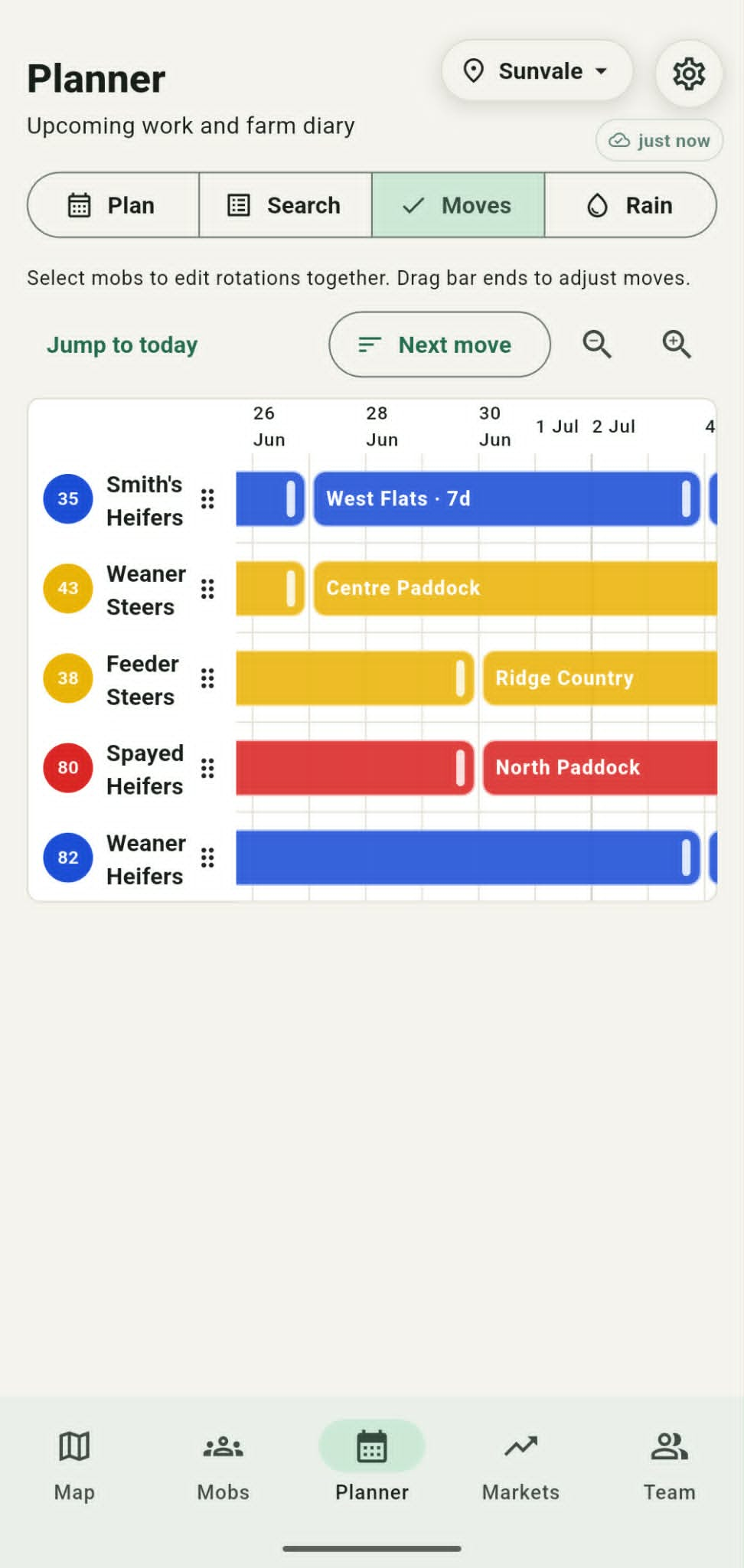 Grazer move planner showing coloured paddock rotations for five mobs