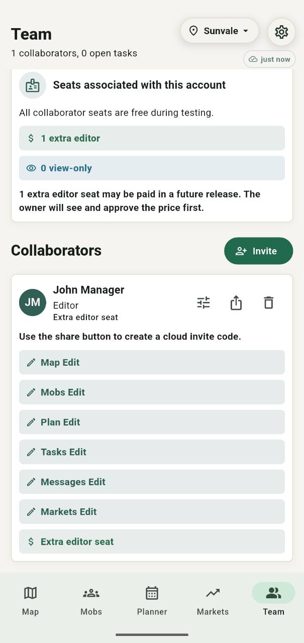 Grazer team screen showing an editor seat and section-by-section permissions