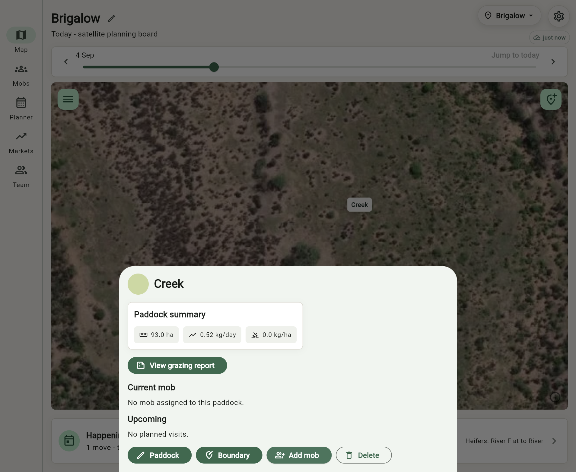 Grazer paddock panel with the Add mob button