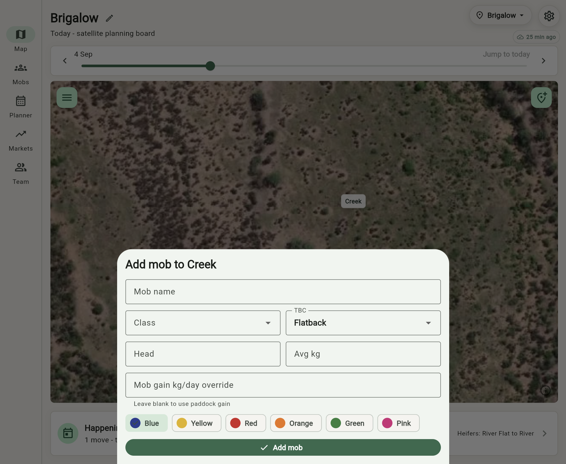 Grazer Add mob form opened from the Creek paddock
