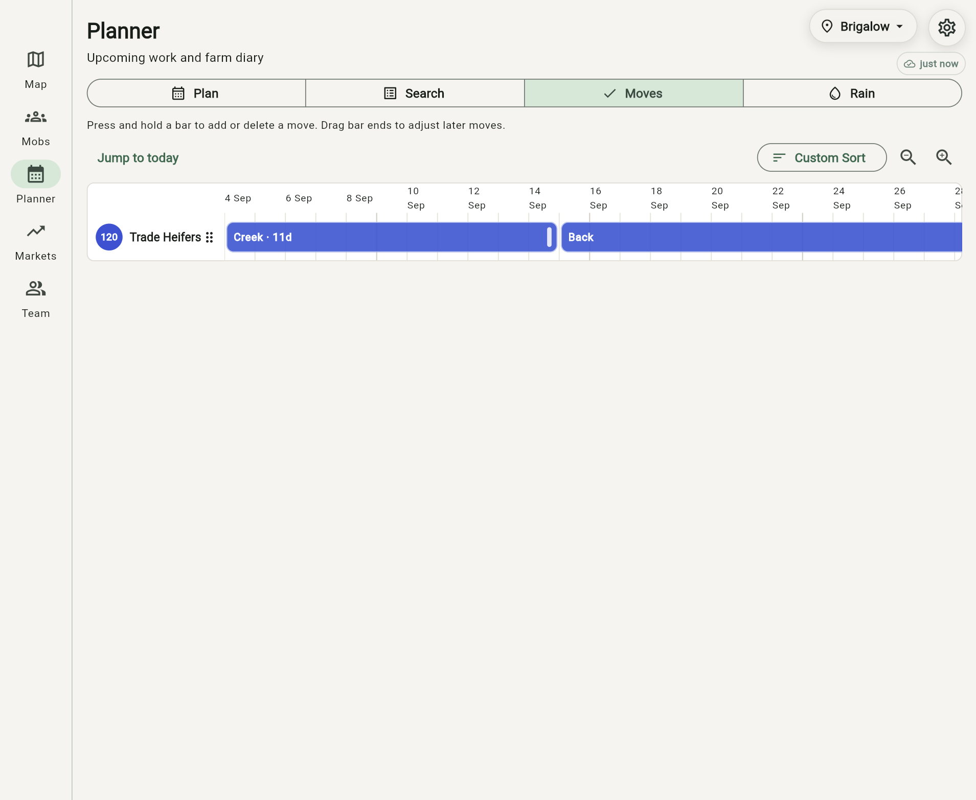 Grazer Planner showing a mob move added from Creek to Back paddock