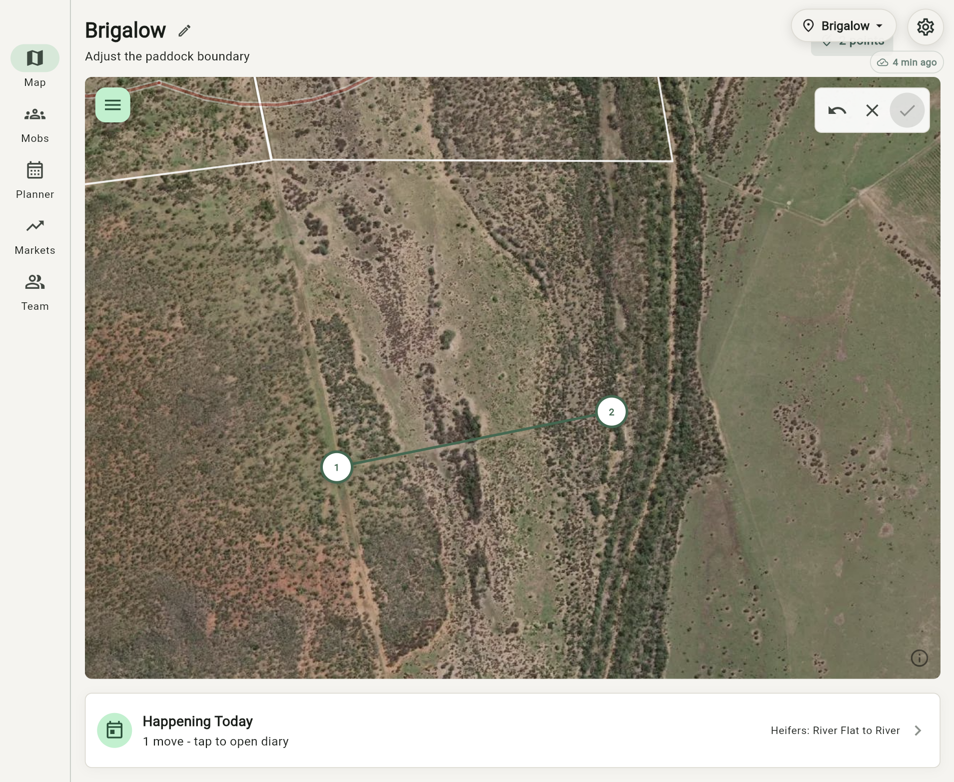 Grazer map showing a paddock boundary being drawn with numbered points