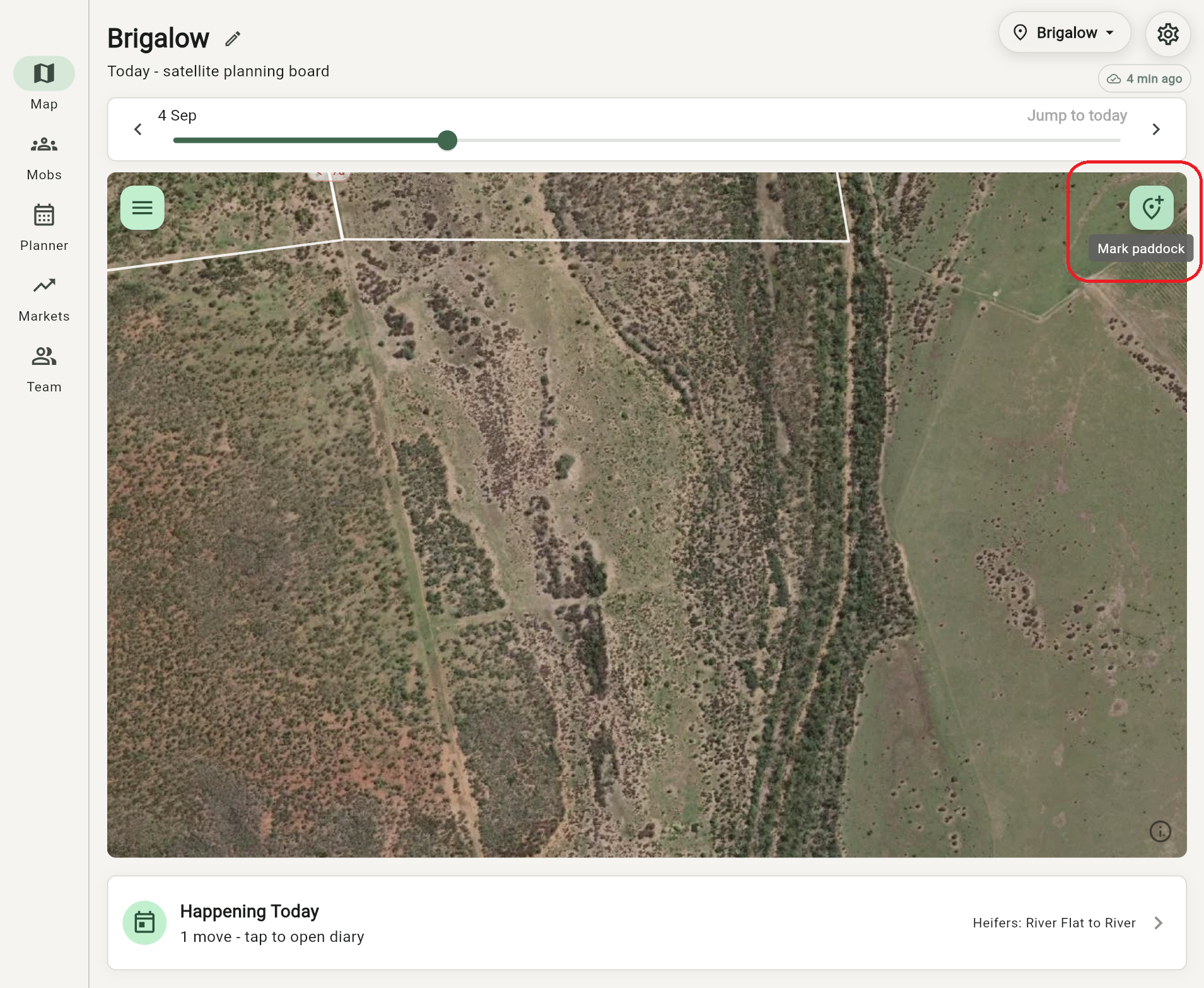 Grazer map screen with the Mark paddock button highlighted