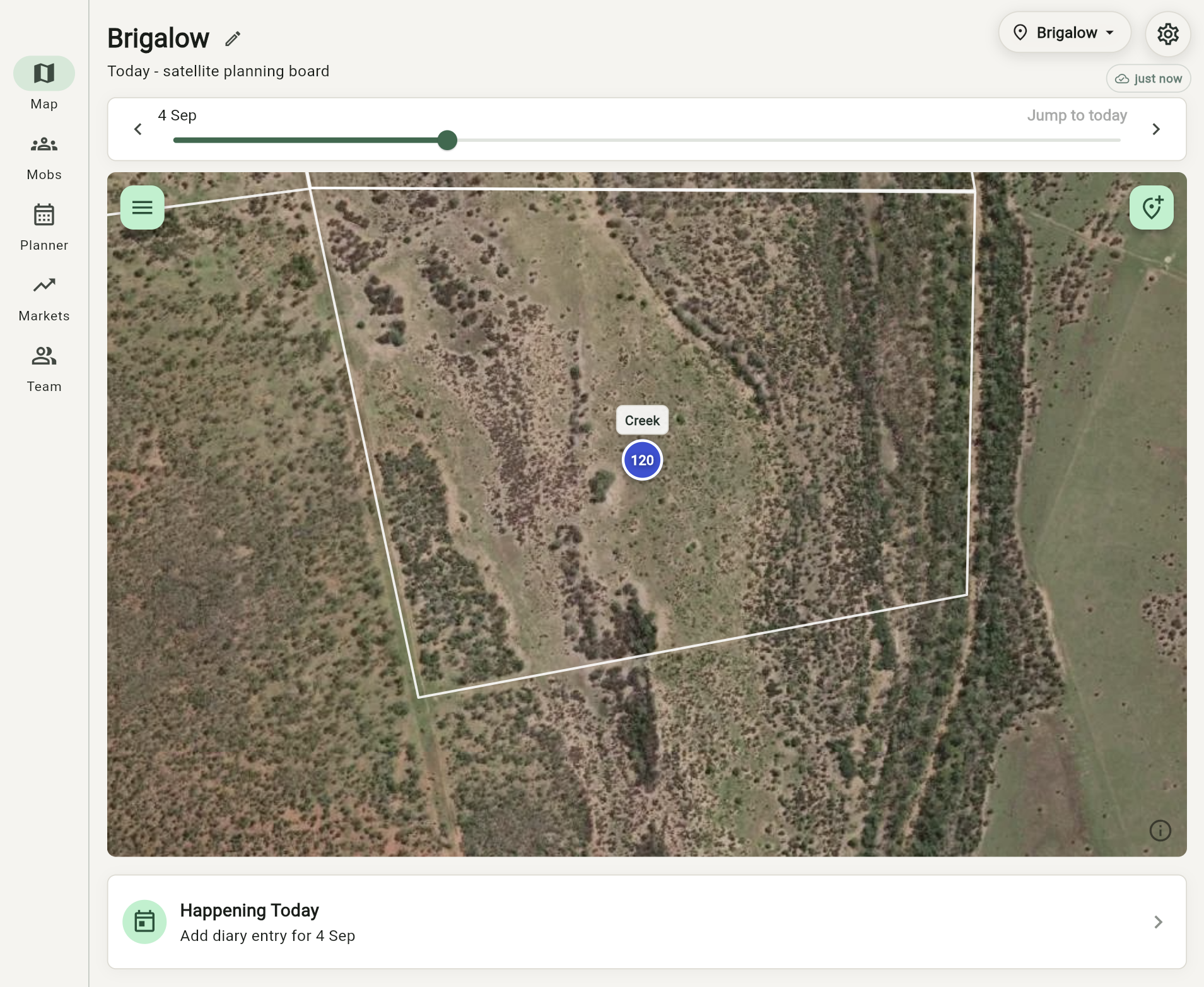 Grazer map showing a mob marker inside the saved paddock