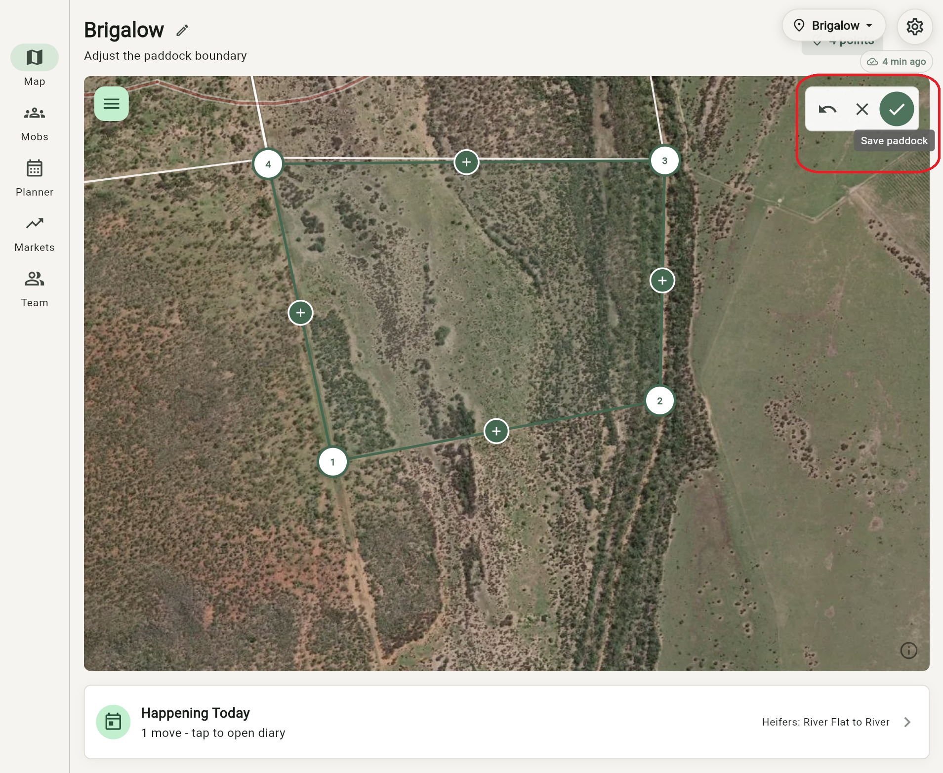 Grazer map showing the Save paddock button after drawing a boundary