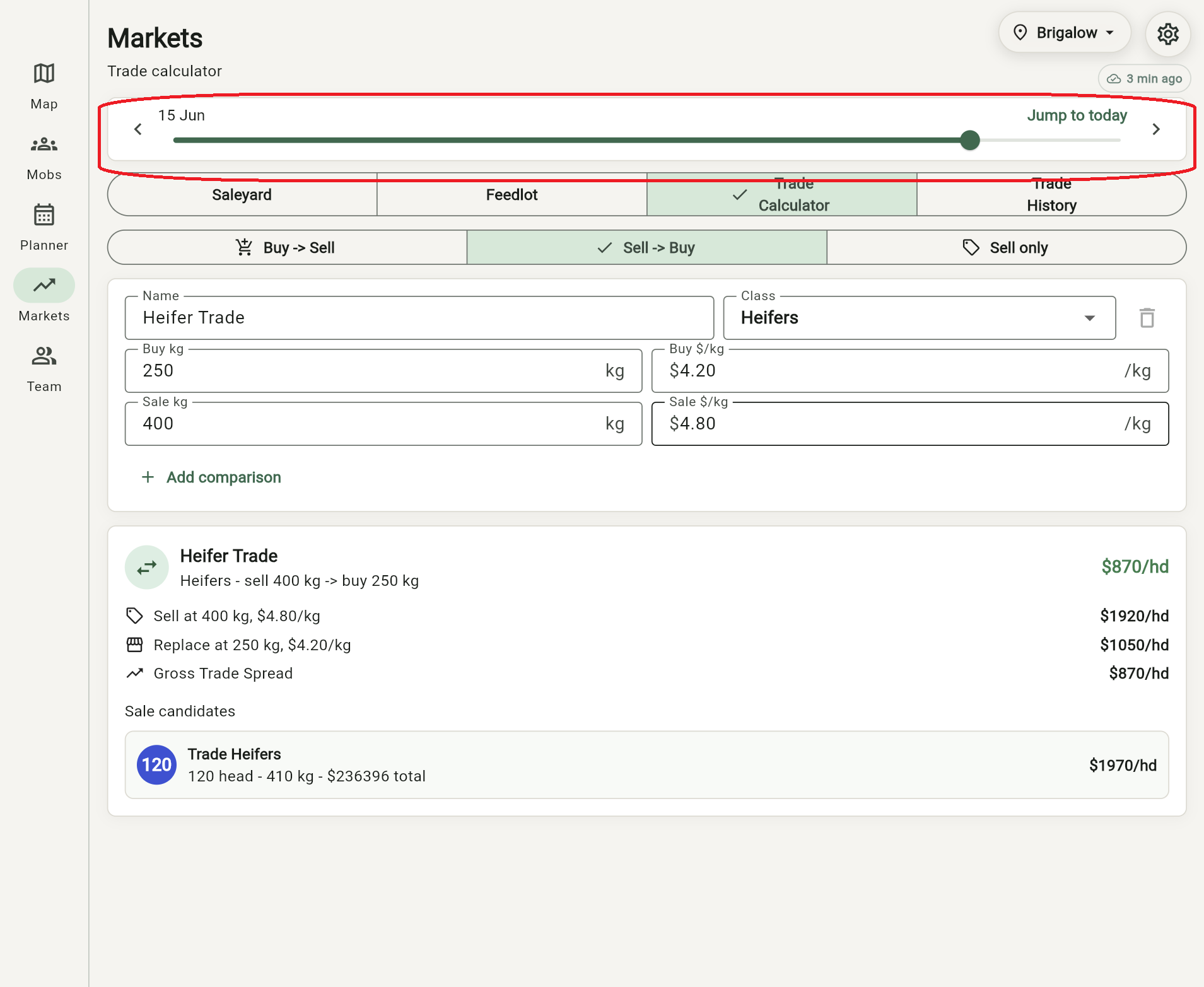 Grazer trade calculator showing a sale-ready mob and gross trade spread